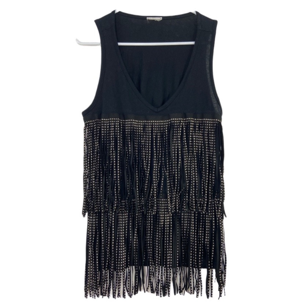 Vocal black & gold studded fringe tier tank top. Size small